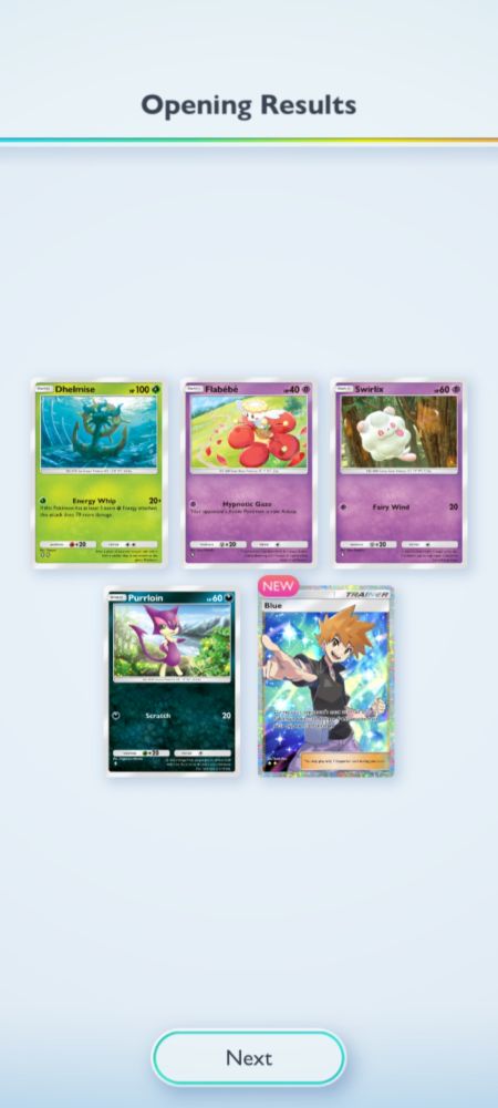 A five card pull from Pokémon TCGP, including the full art card of Trainer Blue.