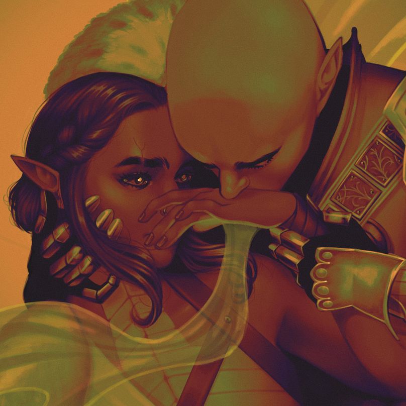 The same image, zoomed in to Dhavi and Solas's faces to show greater detail, including the tear in her eye.