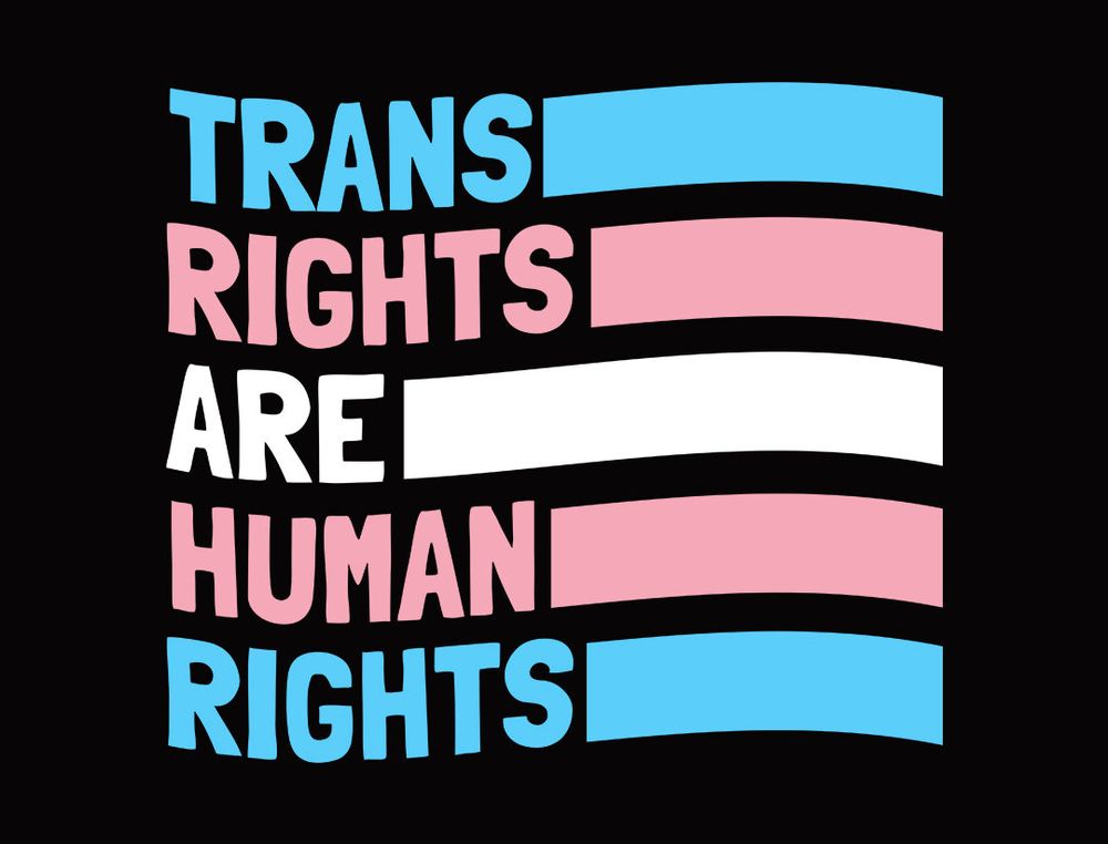 Abstract graphic of the Transgender flag against a black background. Text on the left side says, "TRANS RIGHTS ARE HUMAN RIGHTS."