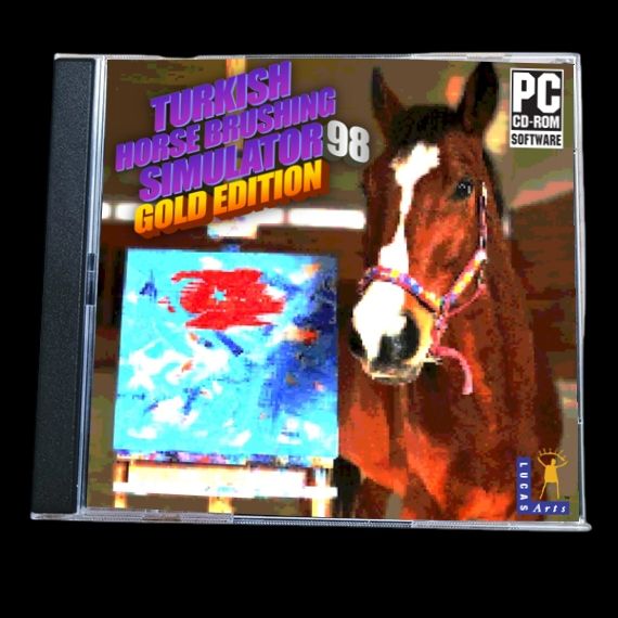 A terrible photoshop of a CD ROM for a game called Turkish Horse Brushing Simulator 98 Gold Edition, showing a picture of a horse in front of a painters easel, and in the corner the LucasArts logo.