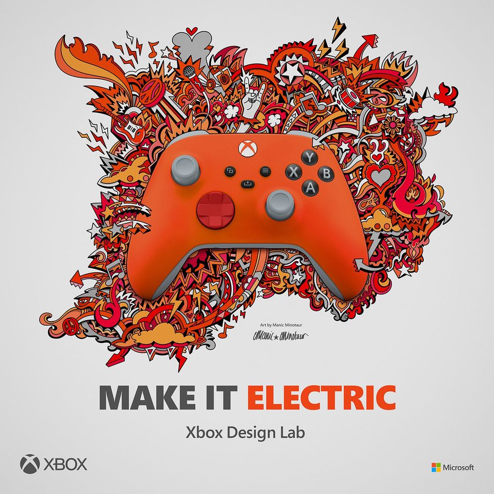 Illustration for Xbox Design Lab's 'Make It Yours' campaign. Red/orange Xbox controller, surrounded by hand drawn illustrations.