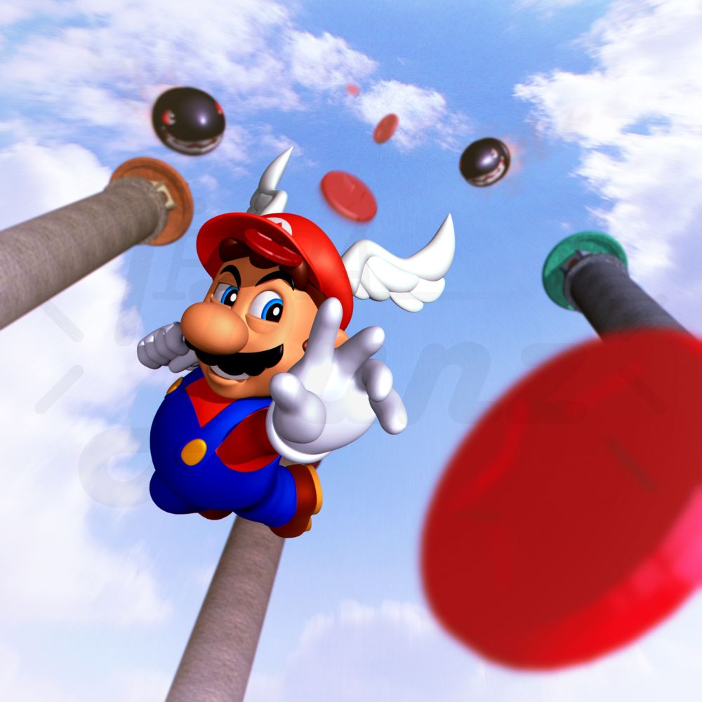 (RGB) Mario, with the wing cap, reaches for a falling red coin as two Bomber Bills chase him down.