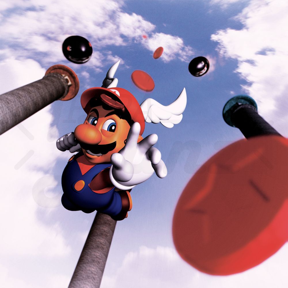 (CMYK) Mario, with the wing cap, reaches for a falling red coin as two Bomber Bills chase him down.
