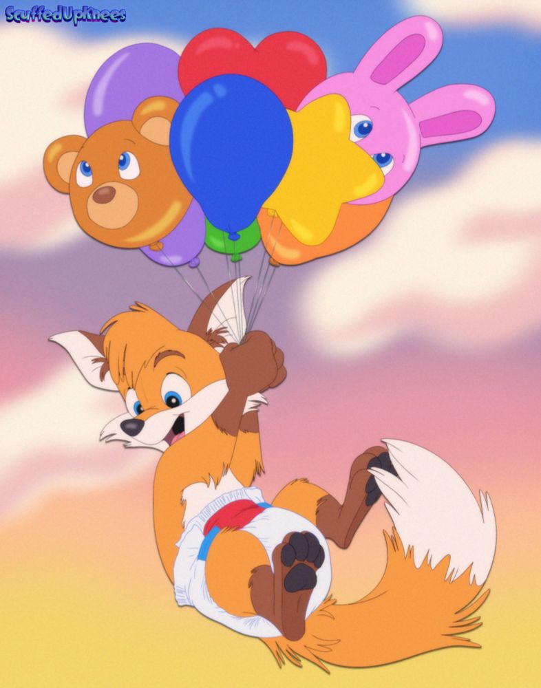 A fox cub holding balloons and floating in the sky.