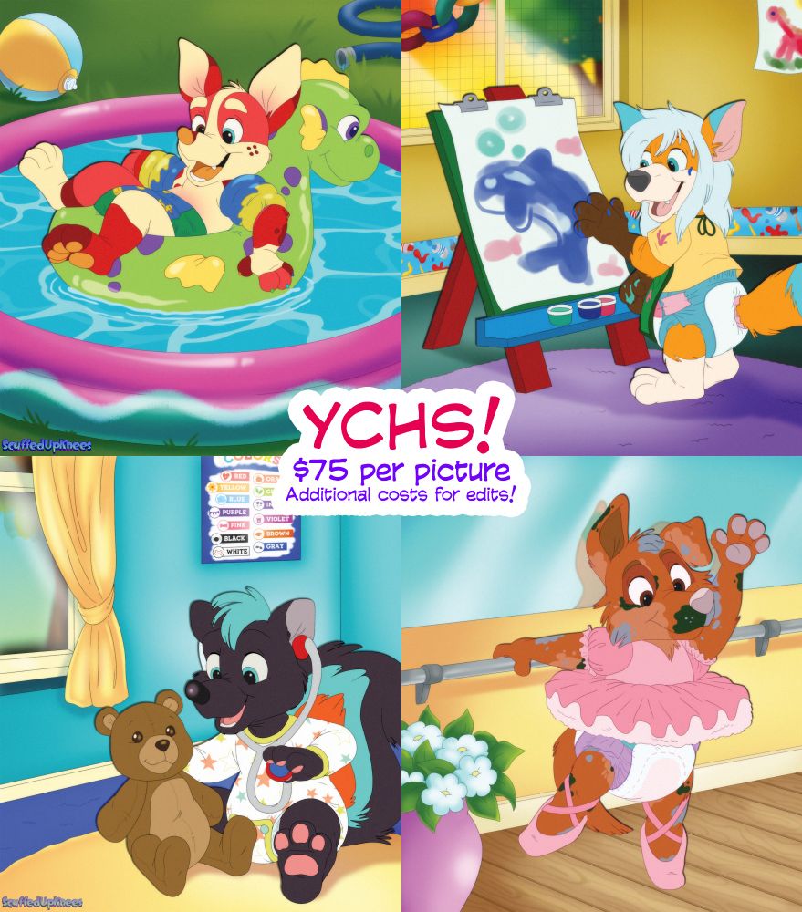 4 different YCHs. First is of a cub in a pool floaty, in a small pool. Second is a cub painting in preschool. Third is of a cub playing doctor on a plush. Fourth is of a cub practicing ballet.