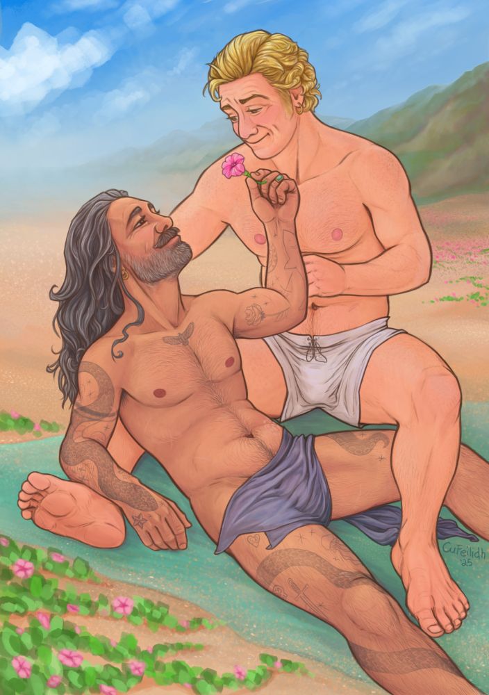An illustration of Ed and Stede lounging on a blanket on a beach, gazing lovingly at each other. Ed is reclined against Stede's leg, in his lap, and is presenting Stede with a pink flower from a patch beside them. Stede is wearing white under shorts and Ed is covered at the crotch with a conveniently placed purple towel, but they are otherwise bare. 