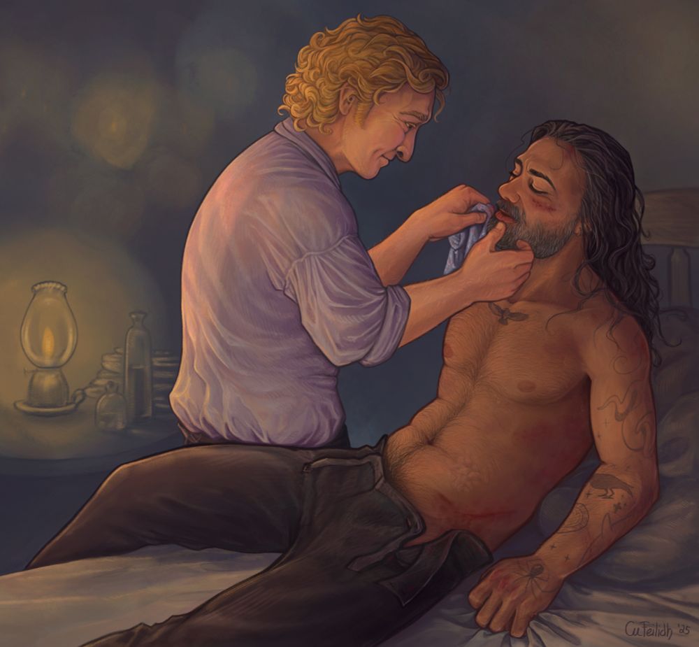 Illustration of Stede at Ed's bedside, tenderly dabbing blood from a shirtless and injured Ed's mouth by the dim light of a lantern and a few distant candles.