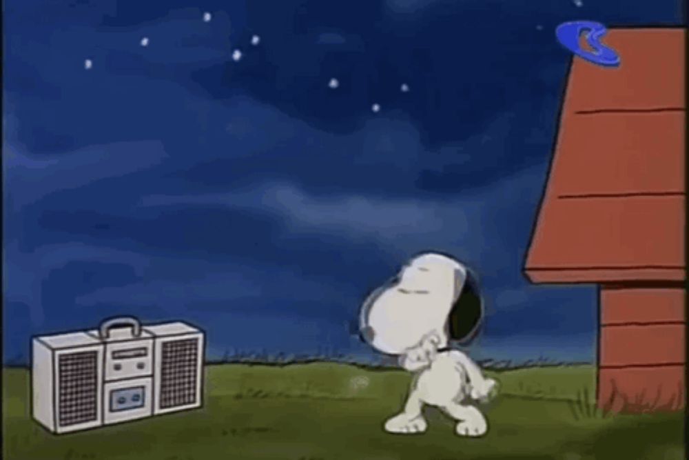 snoopy is dancing in front of a radio and a house .