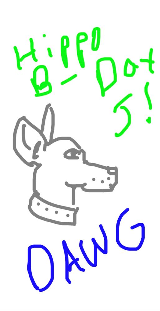 A marker drawing of a dog’s head in profile of unknown breed (aiming for a hound of some sort with big perky ears) and a collar in grey, with the words Hippo B-Day J! above it in bright green marker and below it the word DAWG in blue.