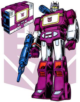 The Marvel Comics Soundwave, who was often colored purple and sometimes lacking his mouth plate.

(Honestly shocked Hasbro hasn't made a repaint of him in this color yet.)