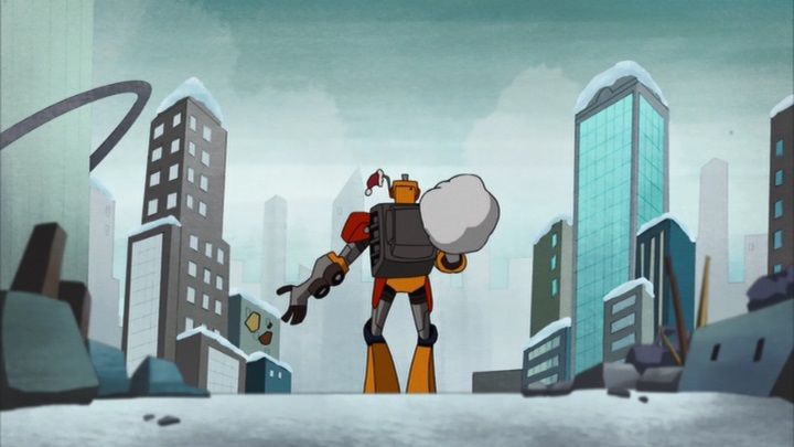 A back shot of Wreck-Gar, with a Santa hat on his head antennae is handing out trash to the people of Detroit like he was Santa from Transformers Animated.  Complete with massive "Gift bag".