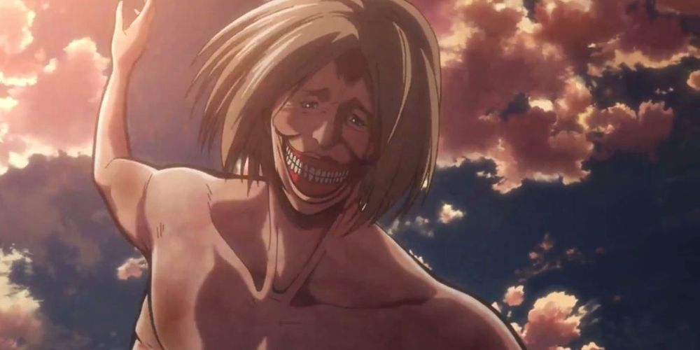 a picture of the eerie Smiling Titan from Attack on Titan.