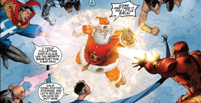 Marvel's Santa boldly wielding the infinity Gauntlet as the Illuminati try to take it back from him.