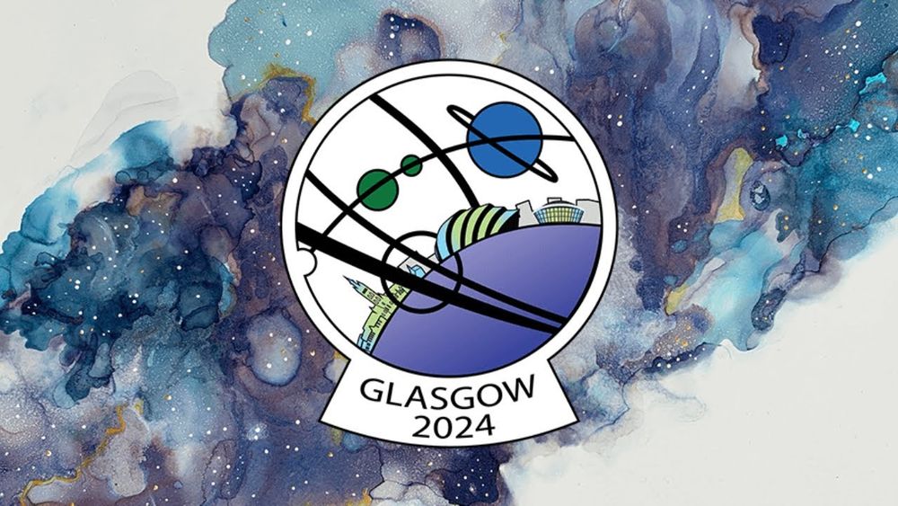 The Worldcon Glasgow logo, featuring planets and black line swooshes over an illustration of Glaswegian locales against a spacey watercolor background on white.