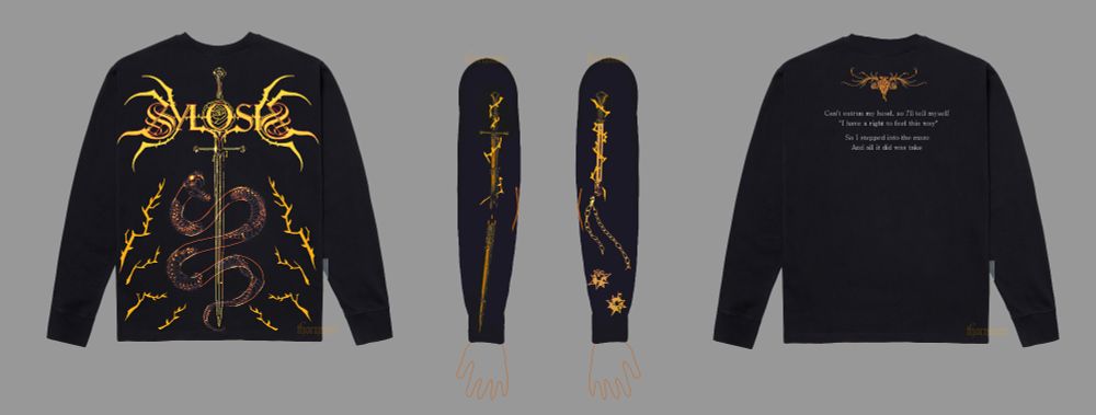 A longsleeve design is merch of the metal band Sylosis. Black longsleeve with orange pattern and the inscription "Sylosis" (snake skeleton, sword, thorns), sleeves with a sword and double flail, and the back with a heart and the lyrics of the song "Absent", imitating the effect of bleach on clothes.