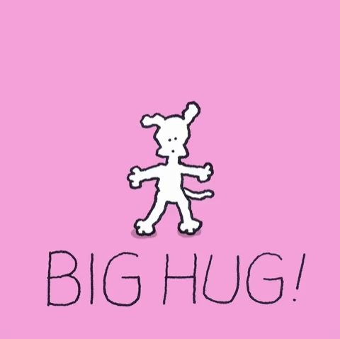 a cartoon dog with a speech bubble saying grrr and big hug