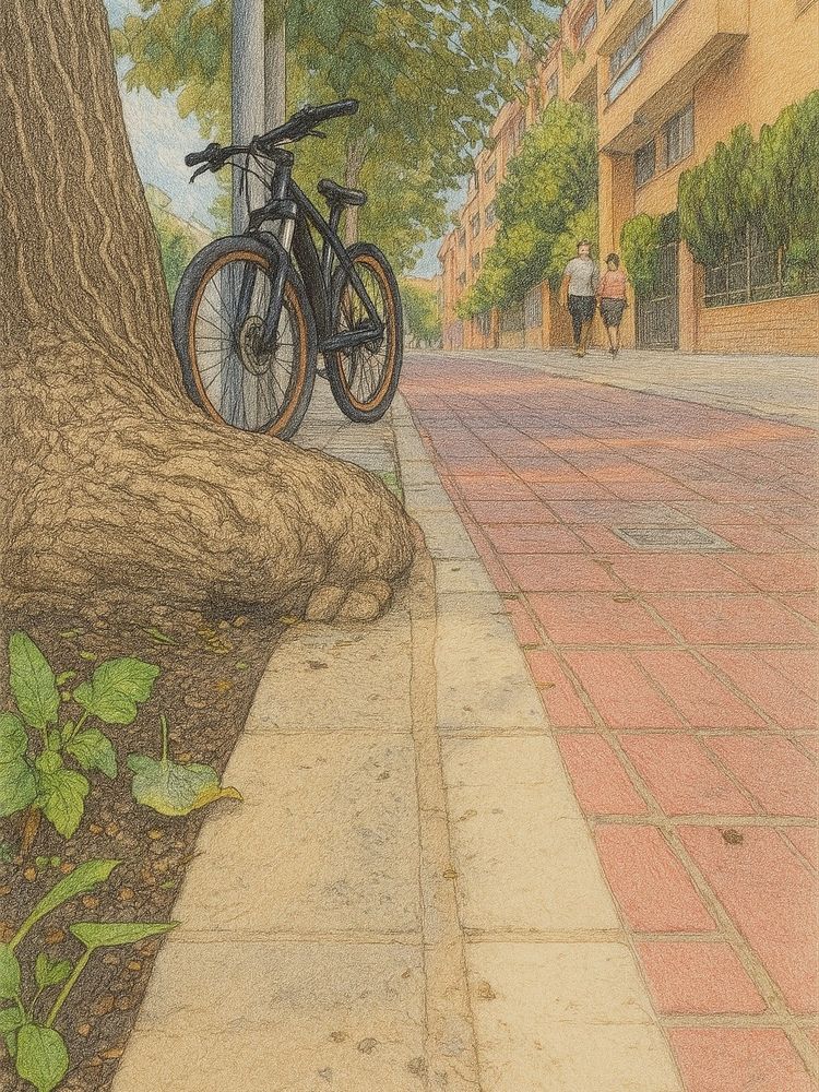 Foto de una bici apoyada en un árbol cuyas raíces invaden el propio carril bici. La imagen está filtrada por una IA