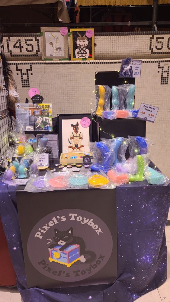 A table featuring colorfull adult toys, a gay erotic romance book and some kinky frames