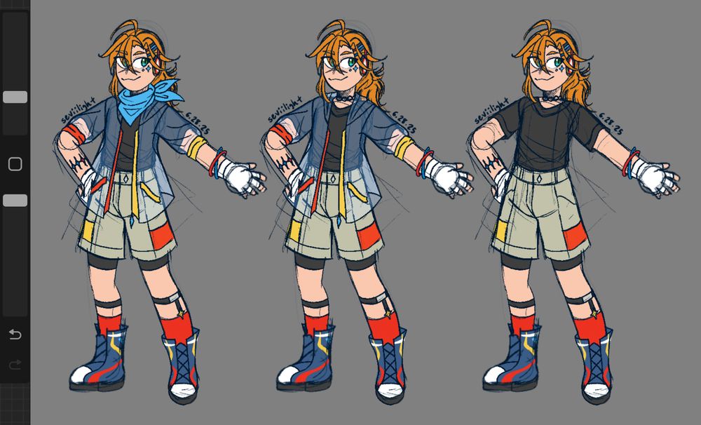 A flat color reference sheet of Axl's revised casual outfit design.  To the left of the image is Axl in his full attire, which consists of a black T-shirt, beige cargo pants, a light blue see-through jacket, white fingerless gloves, red socks with garters attached, navy blue high-top sneakers, and a sky blue bandana wrapped around his neck.  On the middle section of the reference sheet, Axl does not have his bandana to better show the black choker that he is wearing on his neck.  To the right of the image is Axl without his jacket to reveal more of his black T-shirt.  To the furthest left side of the reference sheet, a part of Procreate's user interface can be seen.
