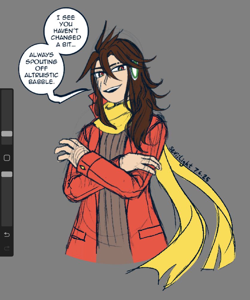 A simple flat-color doodle of Blues / Proto Man in his casual outfit.  He is tilting his frame away from the viewer with a slightly dark look on his face and his arms lightly crossed over his chest.  The speech bubble drawn right next to Blues says the following text: "I see you haven't changed a bit . . . Always spouting off altruistic babble."  On the left side of the drawing is a part of Procreate's user interface.