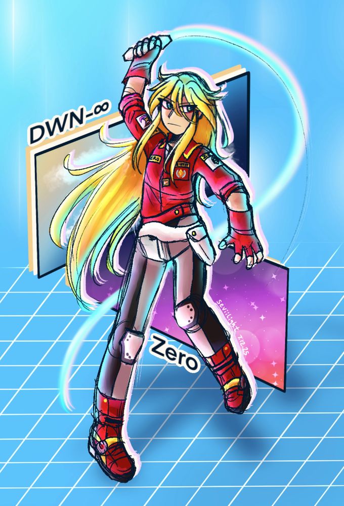 A full-body painting done of @memphisr56.bsky.social‬'s take on a casual outfit version of Zero.  He is in a mid-landing pose where his right foot is about to hit the ground and he is wielding his Z-Saber weapon like a whip with his fully raised right hand.  Zero himself has a rather stern look on his face as if he is keeping an eye out for any enemies in the midst.  The background is a bright sky-blue and depicts a cyberspace with a white grid floor.