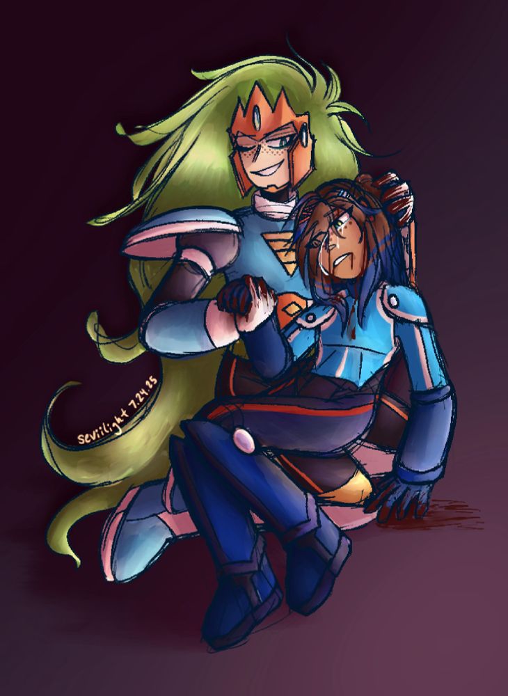 A painterly illustration of Terra and a helmetless Rock / Mega Man.  It is a full body illustration set on a dark mauve background with a dark to light gradient going from the top left hand corner to the bottom right hand corner.  Terra is on his knees and holding onto Rock's right hand with his left hand, which are stained with blood.  He is holding onto Rock's head with his left hand as if he is trying to keep him from trying to move off of his lap.  Terra appears to be winking down at Rock with a rather smug, yet serene and knowing expression.  Rock is leaning his head against Terra's chest as streaks of tears and blood stream down his emotionless face, if shell-shocked into despair.  His left hand, which is covered in blood, hangs limply at his side and has smeared the floor with blood.