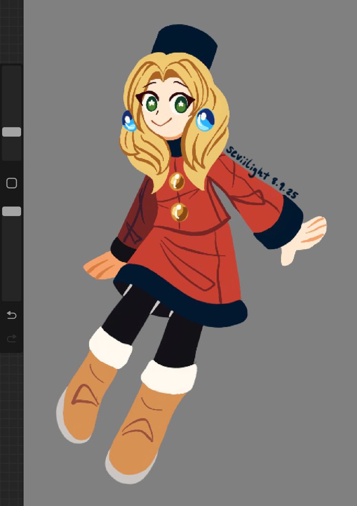 A simplistic lineless illustration of Kalinka from the Mega Man Classic series.  The drawing was illustrated on Procreate, as shown by the user interface to her right.