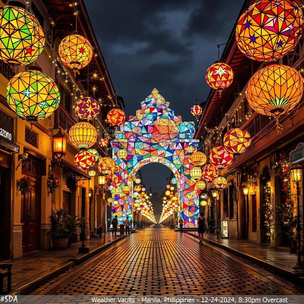 Binondo Arch: Geometric Glow

"Walk through a luminous fusion of tradition and modern artistry."

The historic district of Binondo, Manila is transformed into a vibrant spectacle as traditional parols take on a modern geometric form. Combining the hypnotic patterns of Op Art with the dimensionality of origami, the parols glow in jewel tones of emerald green, ruby red, golden amber, and sapphire blue. These angular, sculptural lanterns create dynamic shadows that ripple across the cobblestone streets and the surrounding buildings, blending cultural tradition with contemporary abstraction.

The Binondo Arch stands as the focal point of the scene, illuminated by intricate parol patterns that shift with the light. Smaller, traditional Filipino parols hang from streetlamps and overhangs, enhancing the festive ambiance with their warm glow. The damp cobblestones reflect the lanterns’ light, adding depth and texture to the composition, while the humid midnight air softens the brilliance of the glowing patterns, creating a serene yet mesmerizing atmosphere.

December 24, 2024 12:00pm Overcast Night (Studio)
WeatherVaults.SDA.Manila.Philippines.12.24.2024.24.24.-24.LyraFlux