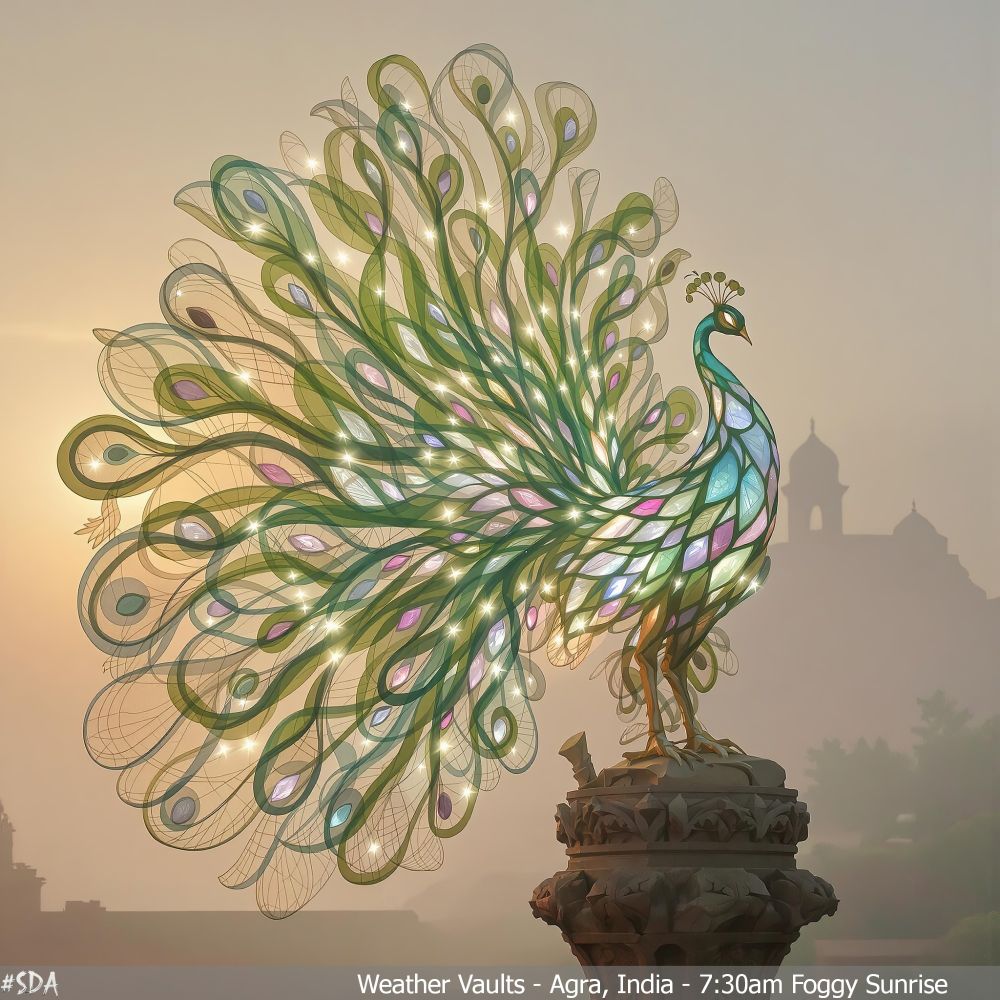 Bioluminescent Majesty: The Peacock of Agra

"Witness an ethereal union of biomorphic beauty and cultural heritage."

A surreal vision of Agra at sunrise emerges through the dense morning fog, where a luminous peacock redefines the boundaries of nature and art. Perched on an intricately sculpted pedestal, the peacock’s translucent plumage shimmers with bioluminescent hues of emerald green, soft violet, and glowing gold. Its feathers, resembling organic sculptures, radiate an otherworldly light that dances with the mist and refracted sunlight. Behind it, the silhouette of Agra Fort looms subtly in the haze, grounding this fantastical creature within a rich historical context. The interplay of fog, light, and biomorphic design evokes a dreamlike ambiance, celebrating the fusion of cultural legacy and surreal imagination.

December 26, 2024 7:30am Foggy Sunrise (Studio)
WeatherVaults.SDA.Agra.India.12.26.2024.S.85.-85.LyraFlux