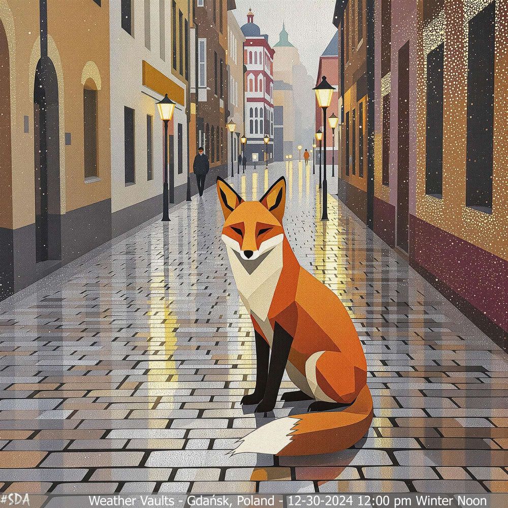 Cobblestone Memories: Gdańsk's Winter Mosaic

"Explore Gdańsk’s historic streets, transformed into a shimmering mosaic where a lone fox observes the quiet winter noon."

At noon on December 30, 2024, in Gdańsk, Poland, a damp winter day unfolds in muted tones and soft reflections. The scene reimagines the city’s historic streets through bold geometric abstraction, where cobblestones become interlocking shapes in shades of gray, brown, and ochre. A stylized fox sits at the center, rendered in angular forms of orange and rust, blending into the abstract patterns while subtly standing out as a symbol of hidden life within the city. Shimmering pointillist dots scatter across the damp cobblestones, reflecting light from occasional breaks in the clouds, evoking a quiet and contemplative mood. The drizzle-softened atmosphere enhances the reflective quality of the streets, creating a dynamic interplay of light, movement, and abstraction.

December 30, 2024 12:00pm Light Noon Rain (Studio)
WeatherVaults.SDA.Gdańsk.Poland.12.30.2024.30.30.-30.LyraFlux