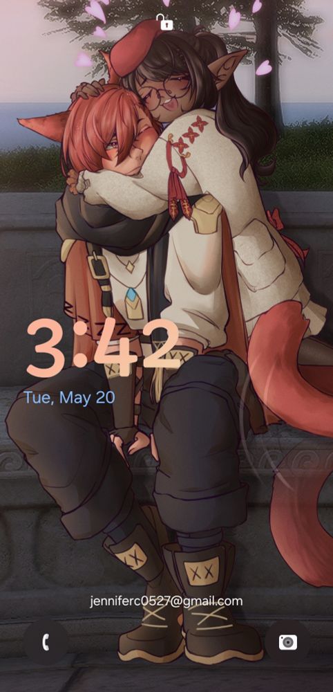 Drawing of my Final Fantasy XIV character and Graha Tia. Estrel is hugging Graha while his tail wags excited. 