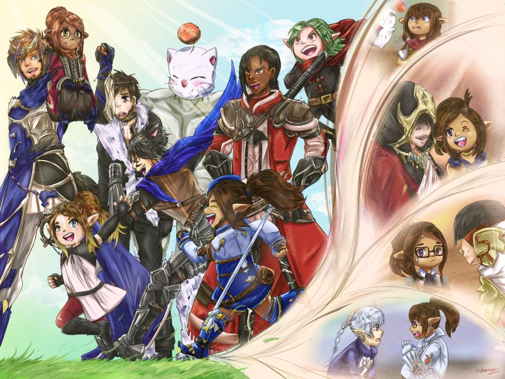 My Final Fantasy XIV character running alongside multiple characters of my friends OC in Final Fantasy. The trail leading behind is 4 scenes of some of my favorite moments in XIV.
