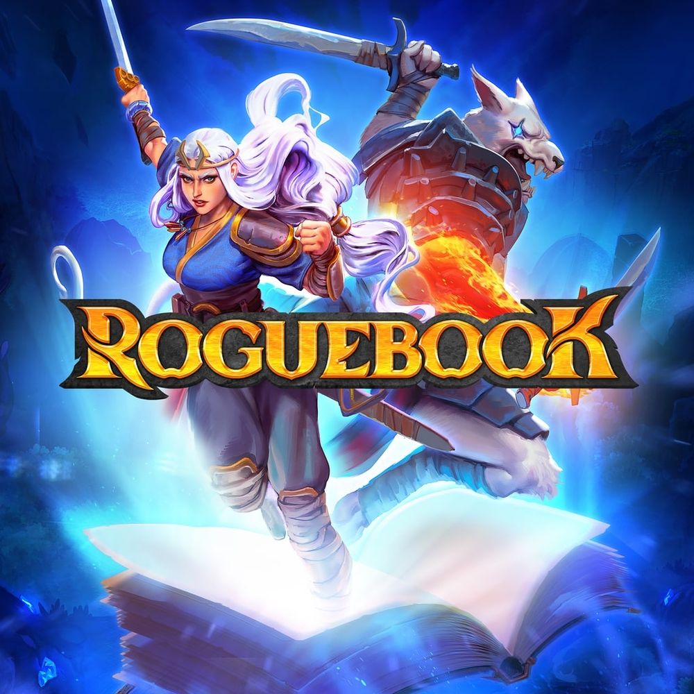 promo art for a video game called Roguebook. it features a white haired vaguely elfen looking lady holding up a sword next to some wolf looking dude also holding up a sword 