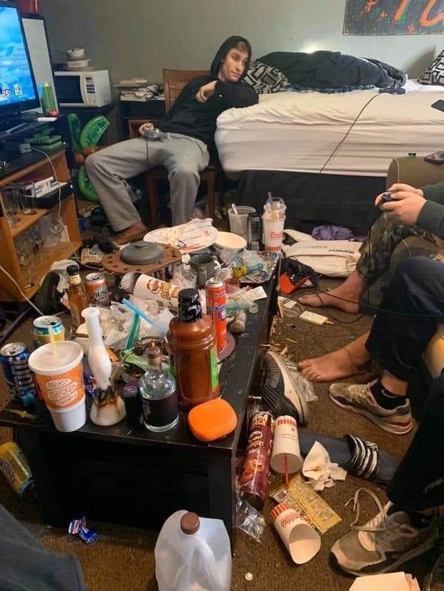 the classic gross dudes in a gross room meme