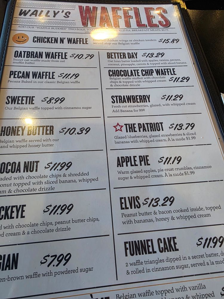 a menu showing the selection of waffles at Akron's Wally Waffle. it's too small to transcribe the entire page but the Elvis has peanut butter and bacon in the batter and is topped with banana, honey, and whipped cream