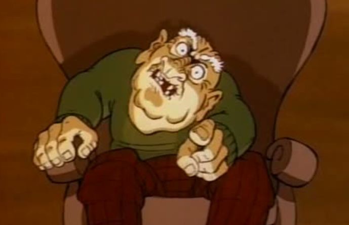 an animated still of an angry old man 