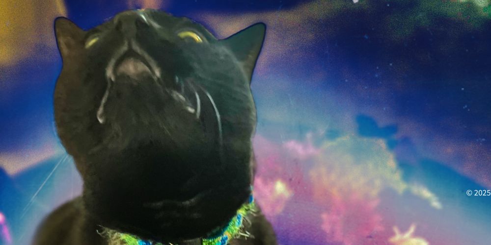 A dramatic close-up of a black cat looking upward, mouth slightly open, set against a surreal, colorful background.