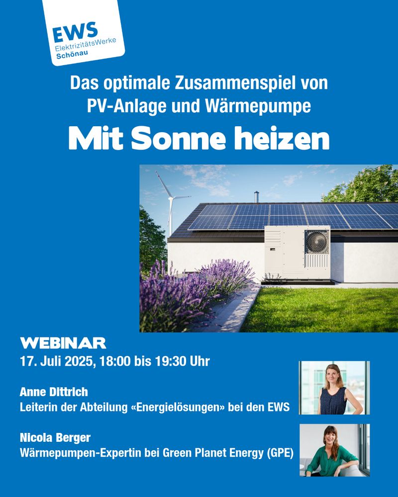 Das optimale Zusammenspiel von PV-Anlage und Wärmepumpe: Mit Sonne heizen. Webinar am 17. Juli von 18 Uhr bis 19:30 Uhr.