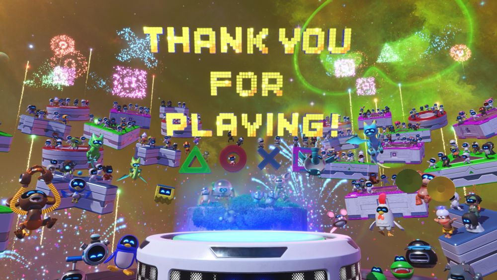 Screenshot from Astro Bot. There are many bot characters, fireworks and the words “Thank You For Playing!” displayed. 