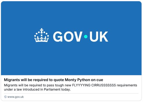 Parody government announcement:

"Migrants will be required to quote Monty Python on cue"

"Migrants will be required to pass tough new FLYYYYING CIRRUSSSSSSS requirements under a law introduced in Parliament today."