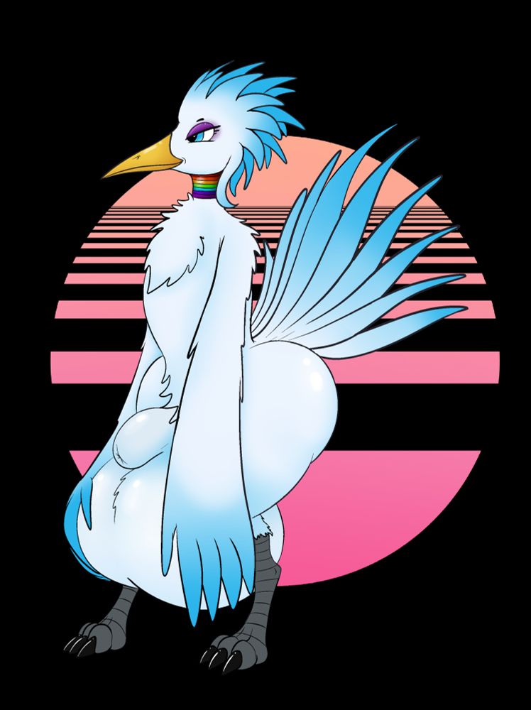 A white and blue anthropomorphic bird person with oversized genitalia set against a synth wave sun background of pink and orange
