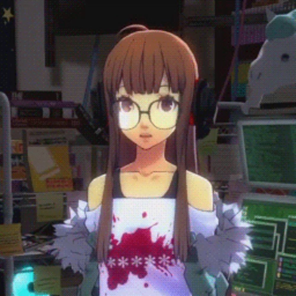 a girl with glasses and a bloody shirt is standing in front of a computer monitor