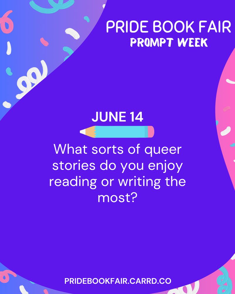 A purple and pink poster graphic with confetti in the background. Written in white is a prompt for #PrideBookFair. June 14: What sorts of queer stories do you enjoy reading or writing the most?