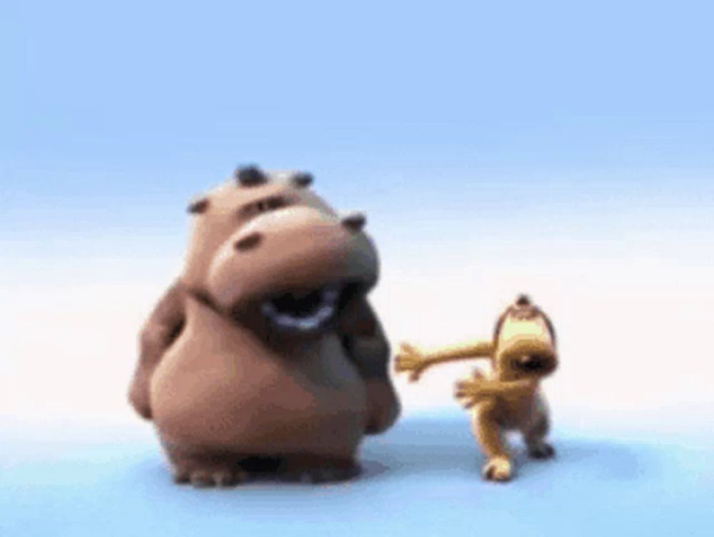 a cartoon hippo and a dog are standing next to each other on a blue background