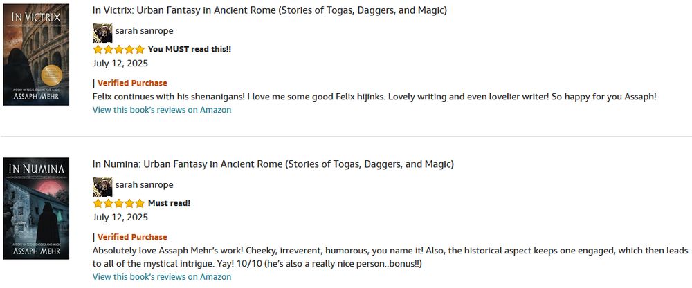 Glowing reviews by Sarah Sanrope of "In Numina" and "In Victrix" by Assaph Mehr.