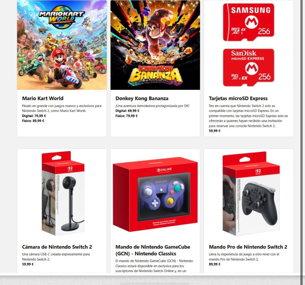 Imagen de lo que cuestan juegos de la switch 2 (90 euros) o el mando pro (90 euros)