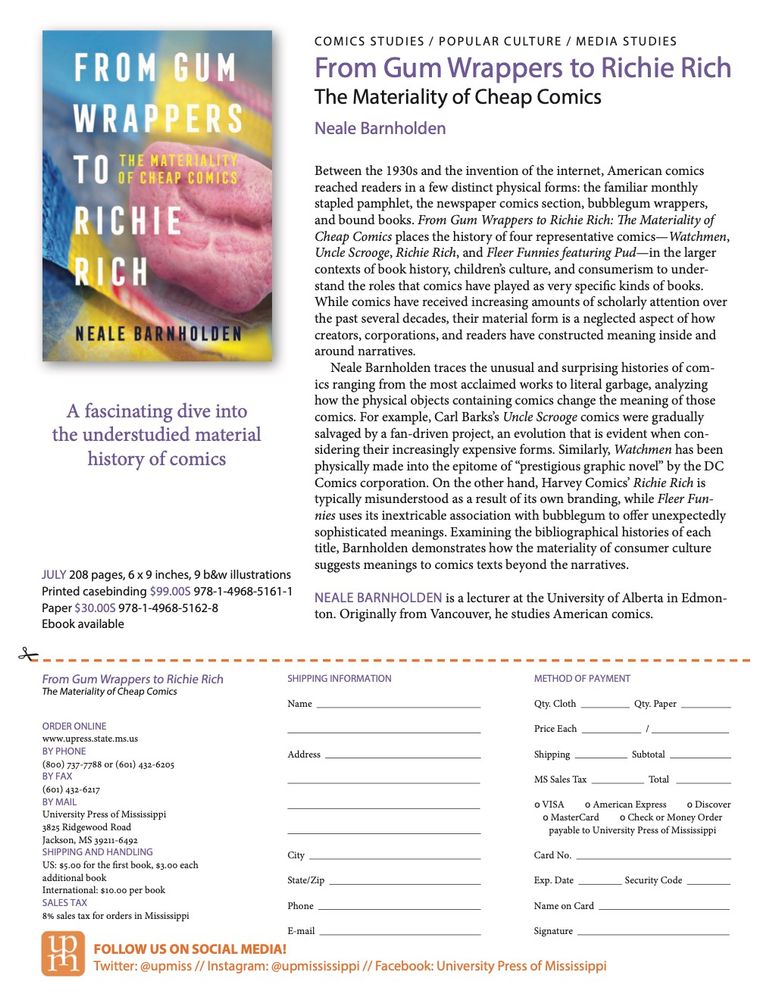 A catalogue listing for the book "From Gum Wrappers to Richie Rich: The Materiality of Cheap Comics" from the University Press of Mississippi" by Neale Barnholden.