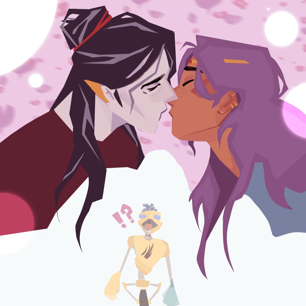Laudna and imogen leaning in for a kiss and below them in the distance FCG shocked with a “!?” Symbol floating next to him