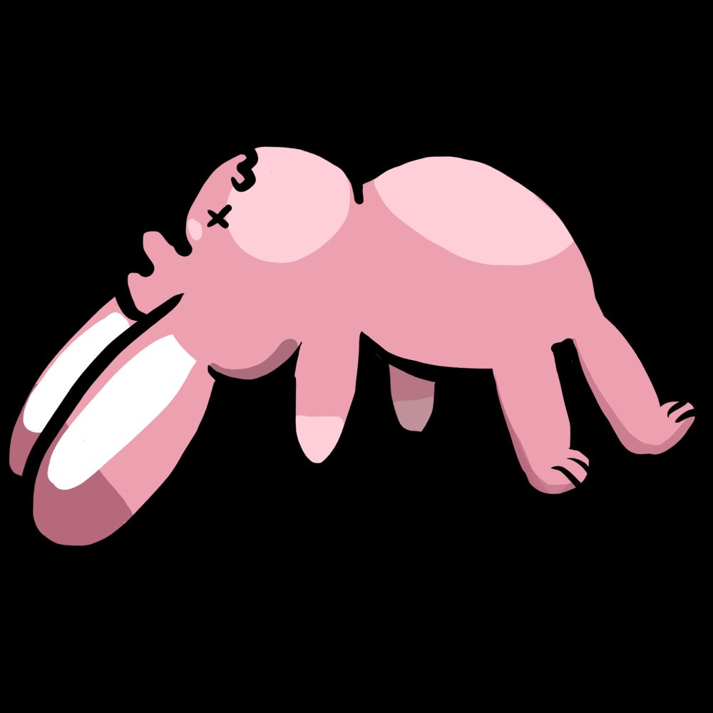 the pink bunny floating in the sky, there he goes