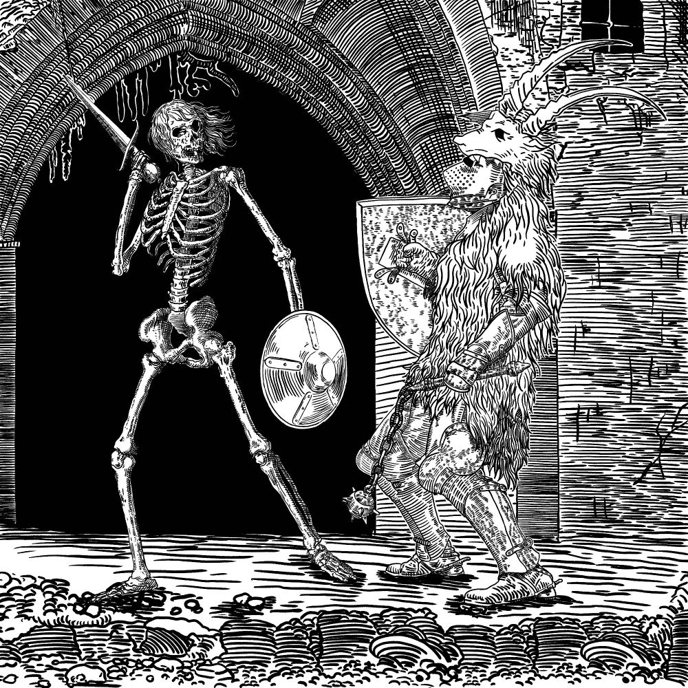 A medieval woodcut style drawing of a knight wearing a goat skin and horns fighting a skeleton in a dark dungeon. The knight carries a flail and shield. The skeleton has an arming sword and buckler. 